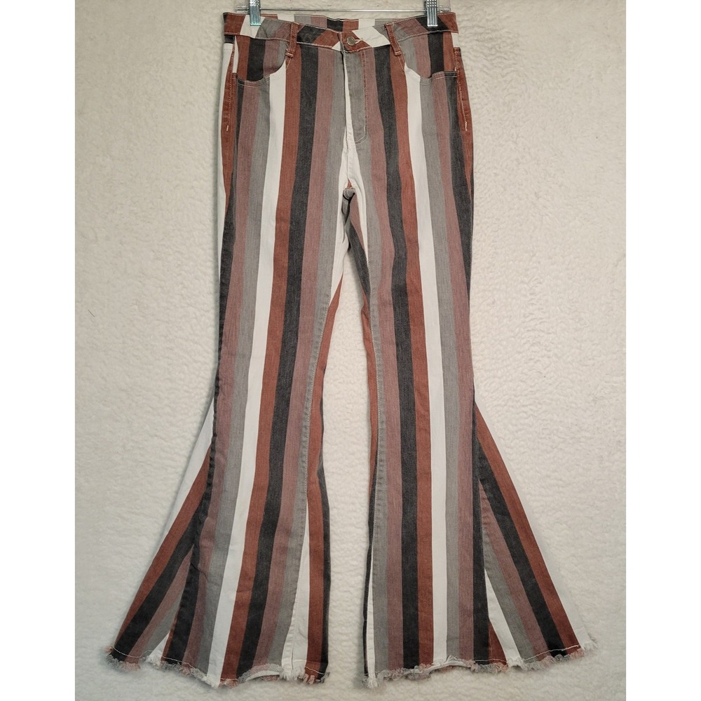 Blushing Brunette Flare Denim Jeans Size XL Striped Boho Hippie Fringe 1894